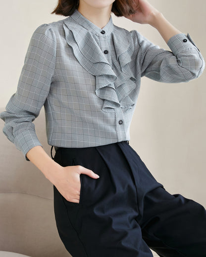 Collared Ruffle Long Sleeve Solid  Blouse