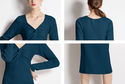 Blue V-Neck Long Sleeve Solid Dress
