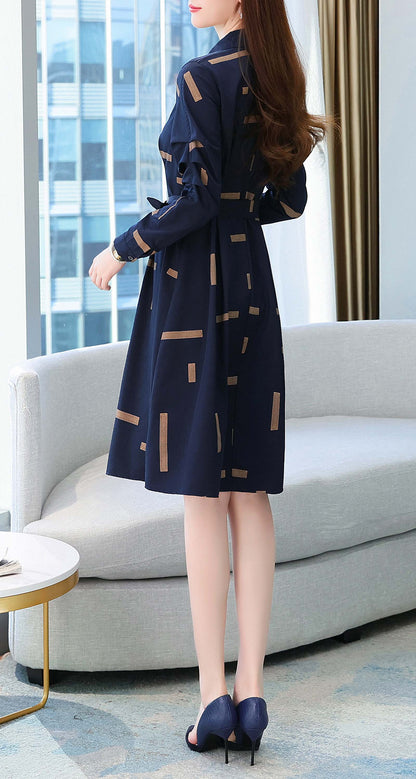Blue Collared Neckline Long Sleeves Tie Belted Floral Print Midi Dress