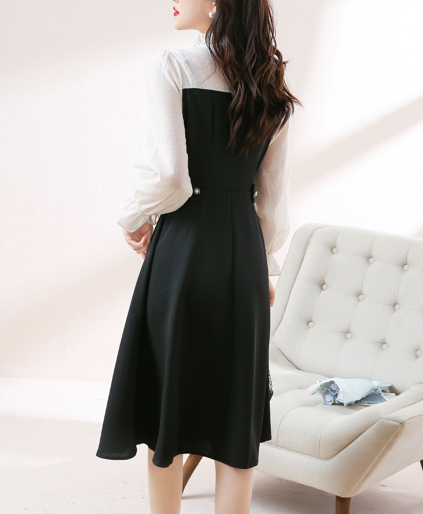 Round Neck Patchwork Long Sleeve Solid Dress