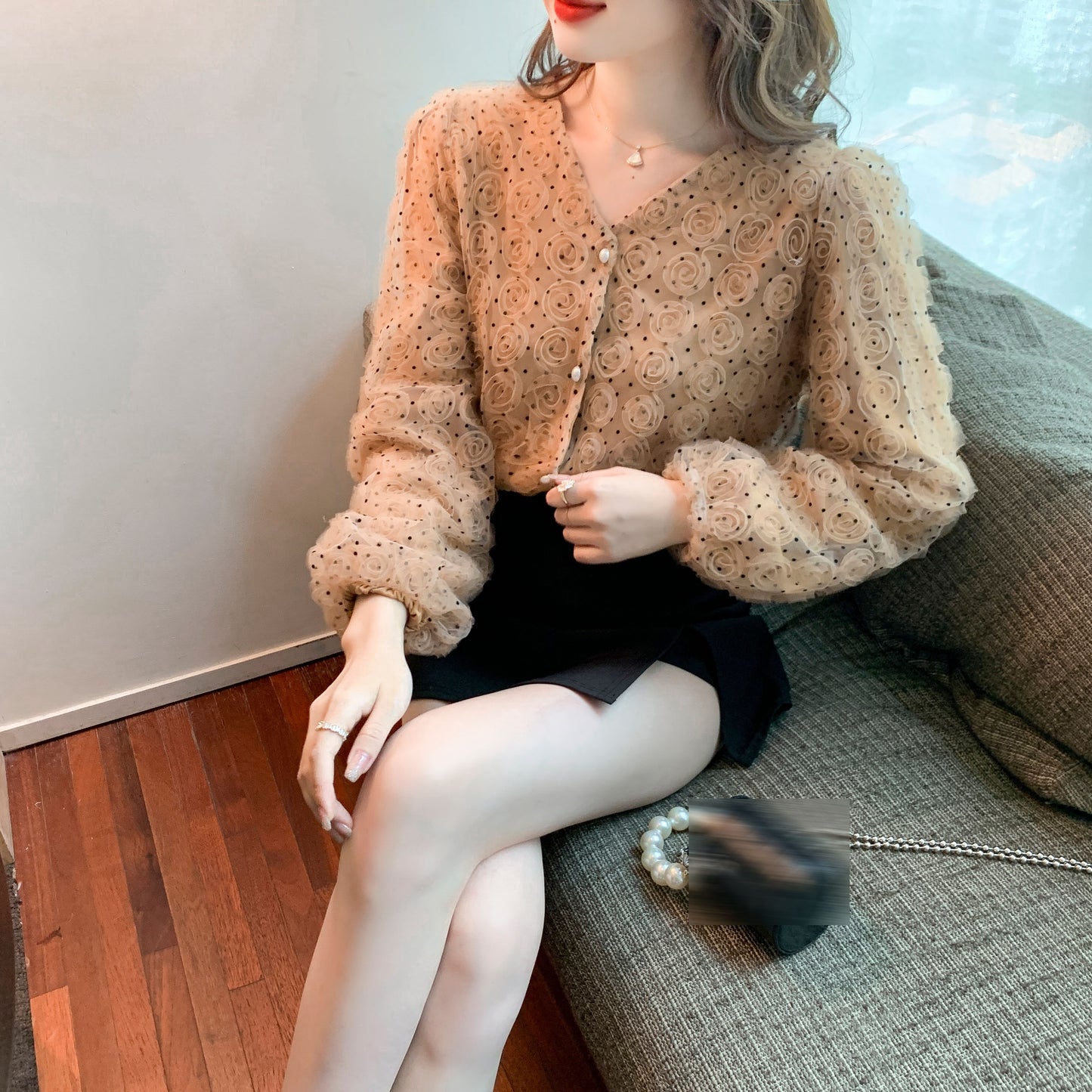 Brown Solid Spot Long Sleeve Button-Front Blouse