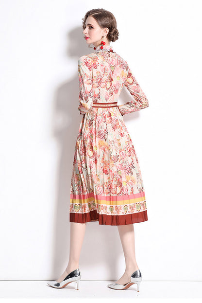 Collar Neck Long Sleeves Tie Pleated Floral Print Midi Dress