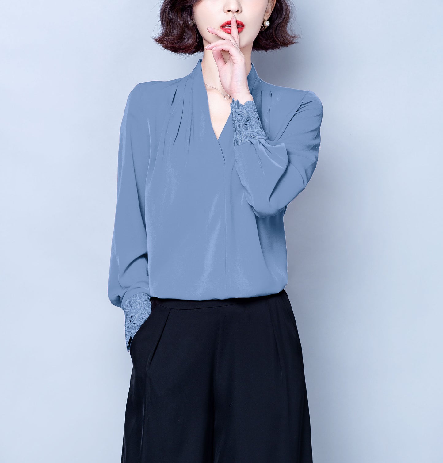 Blue Solid Embroidery V-neck Long Sleeves Stain Shirt Blouse