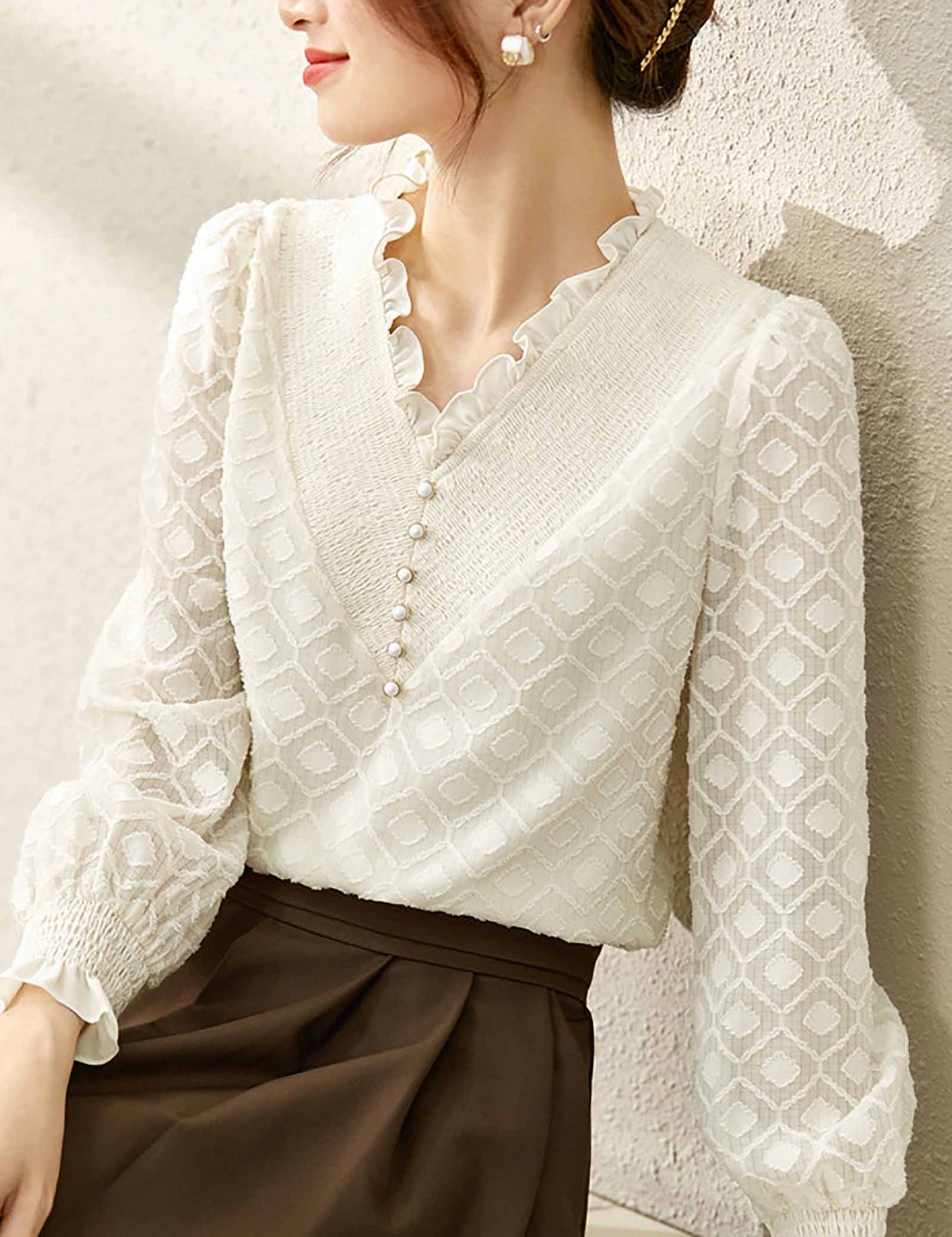 Long sleeves V neck Button Solid Blouse shirt