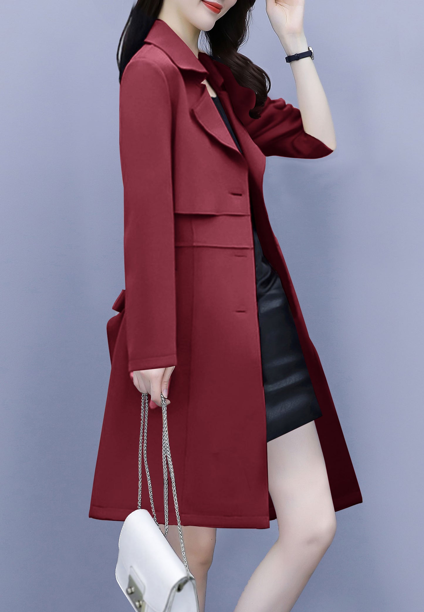 Red 3/4 Length Button up Outerwear Trench Coat with Belt