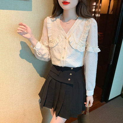 White Solid Long Sleeve Button-Front Frill Trim Blouse