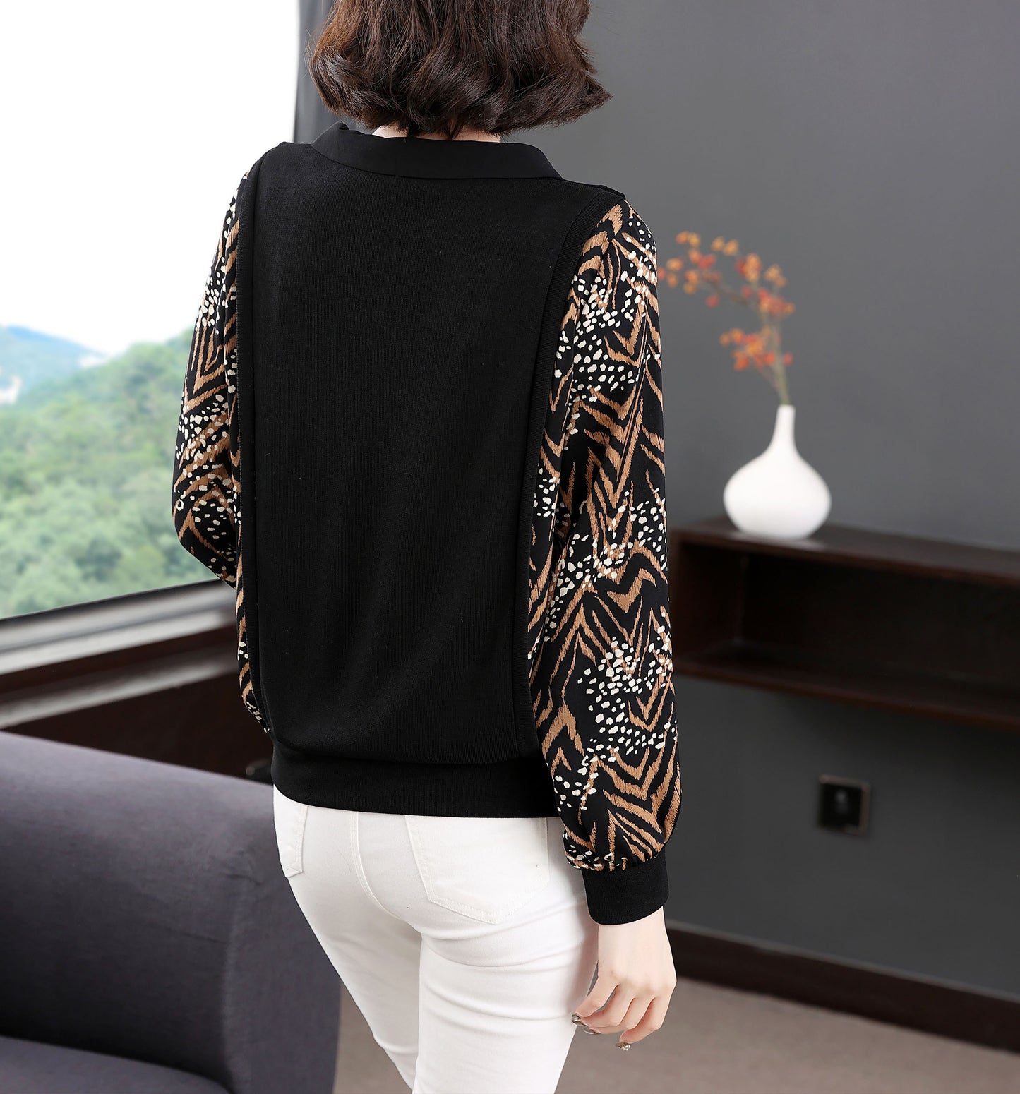 Collared Neck Long Sleeve Patchwork Print Blouse