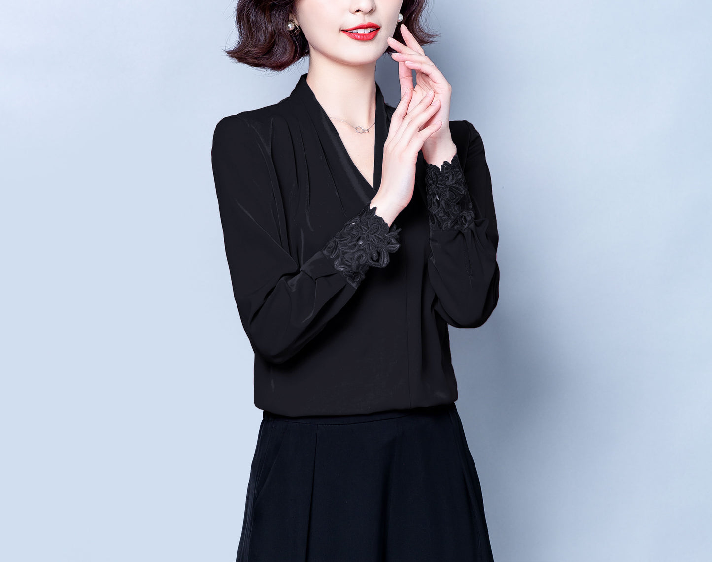 Black Solid Embroidery V-neck Long Sleeves Stain Shirt Blouse