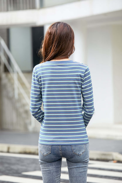 Striped T-Shirt Elastic Loose Long Sleeve Solid Tee Tops