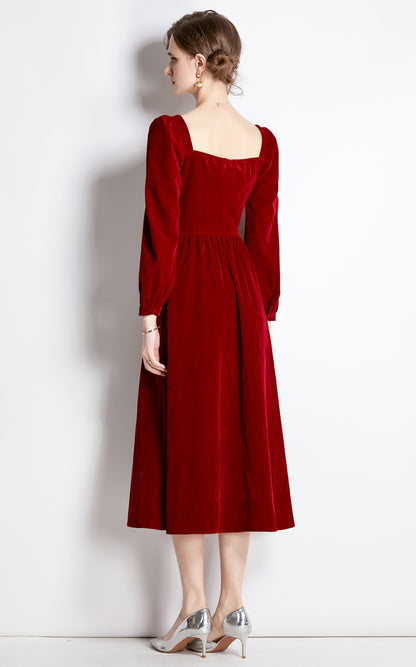 Velvet Square Neck A Line Midi Red Drees