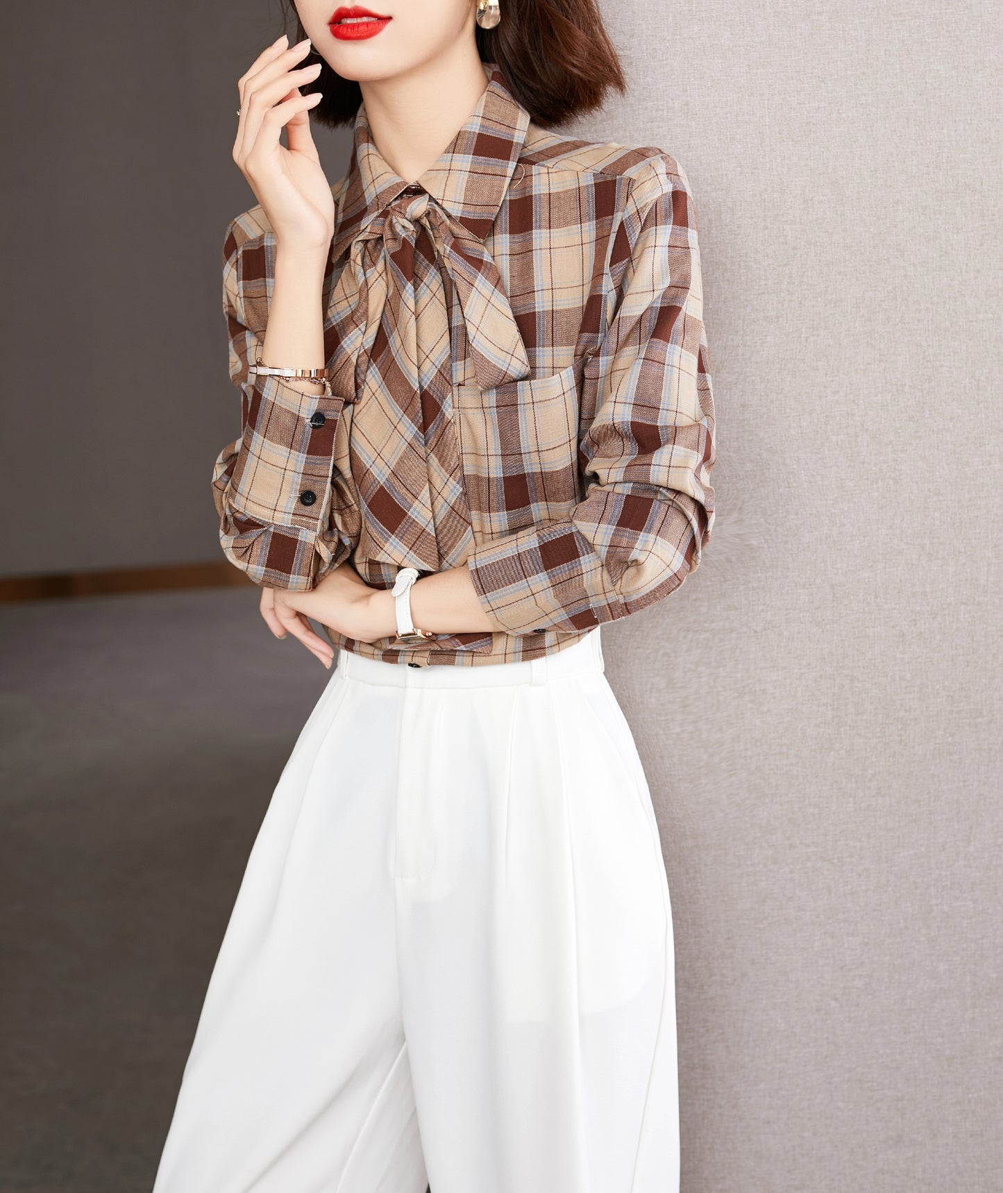 Ladies Plaid Blouse with Bow Tie