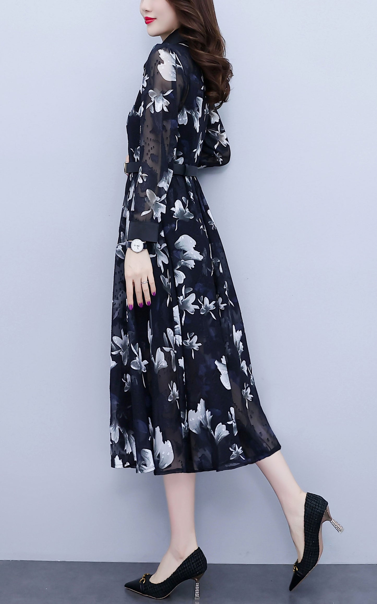 Black Floral Print Button up Midi Dress