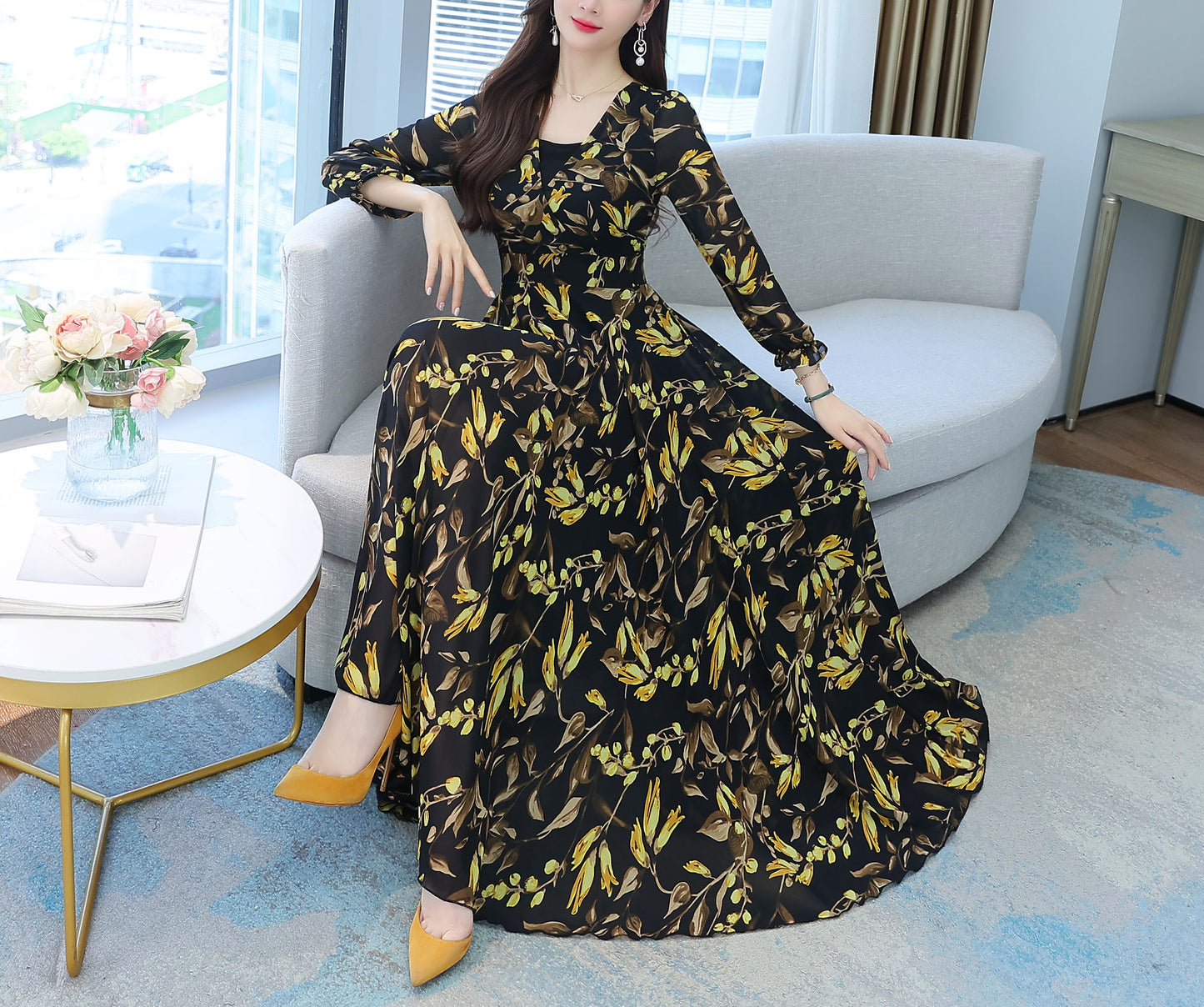 Yellow Ruffle trim Floral Print Midi Dress