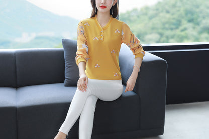 Yellow V Neck Long Sleeves Solid Blouse