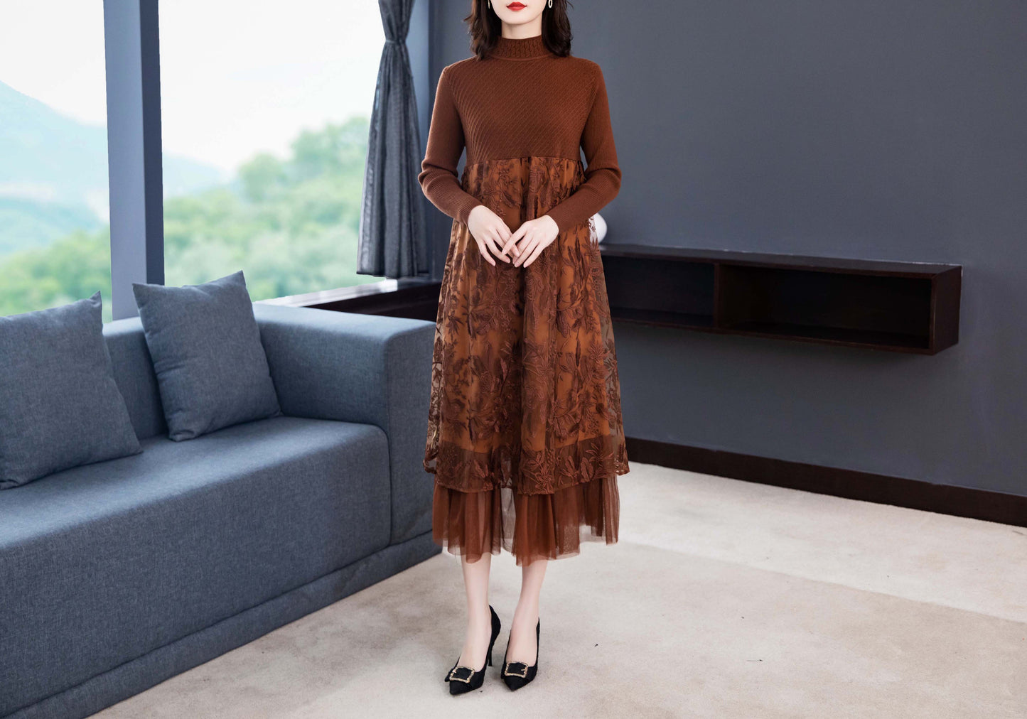 Brown Long Sleeves Mesh Patchwork Embroidery Loose High Neck Midi Dress