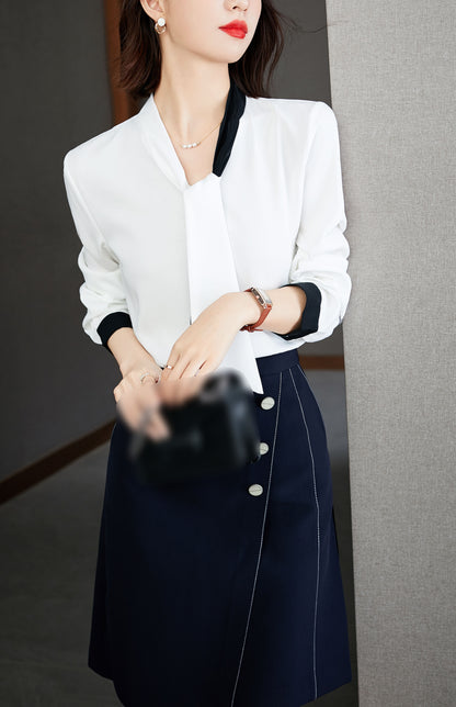 White Tie Neck Long Sleeve Solid Blouse