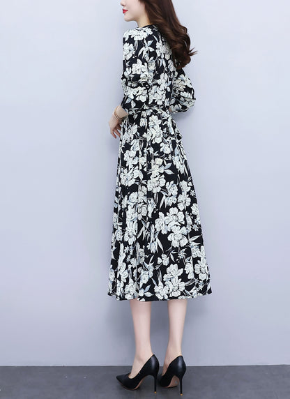 Black V neckline Floral Print Midi Dress
