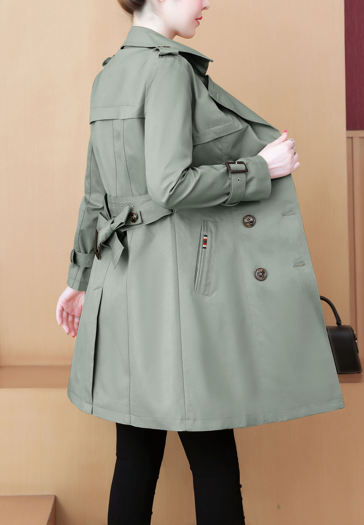 Women 3/4 Length Outerwear Trench Coat with Belt