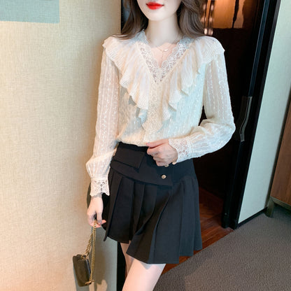 White Solid Lace Long Sleeve Button-Front Peplum Trim Blouse