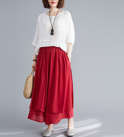 Red Elastic Waist Wide Leg Casual Pocket Trousers