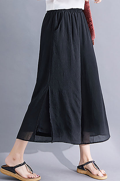 Black Elastic Waist Wide Leg Casual Pant with Pocket