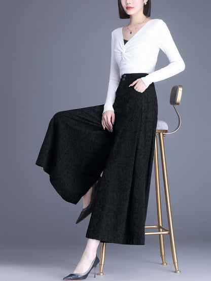 Black High Waist Solid Wide Leg Trousres with Pocket