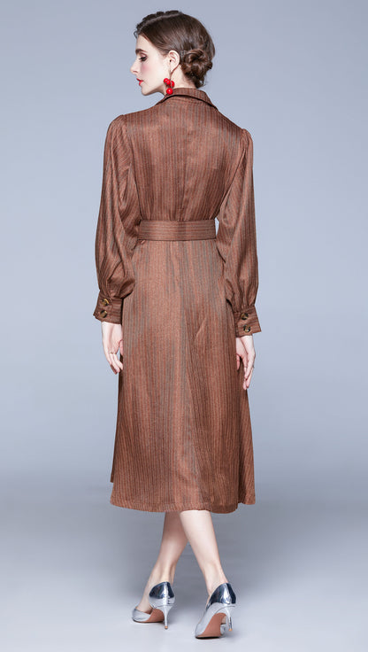 Brown Long Puff Sleeve Button up A-line Solid Midi Dress