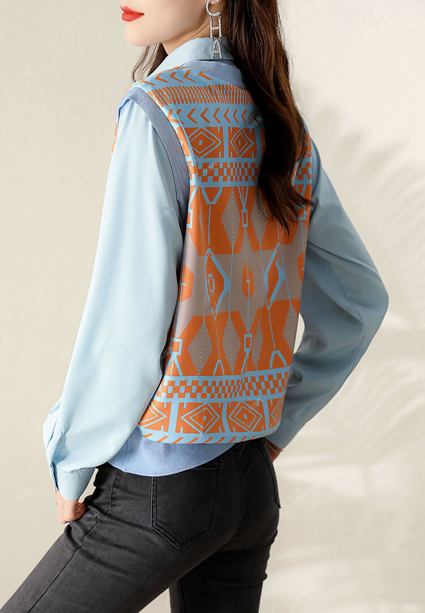 Collar Neck Long Sleeves Patchwork Solid Blouse