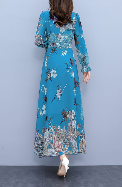 Blue V-Neck Long Sleeve Print Maxi Dress