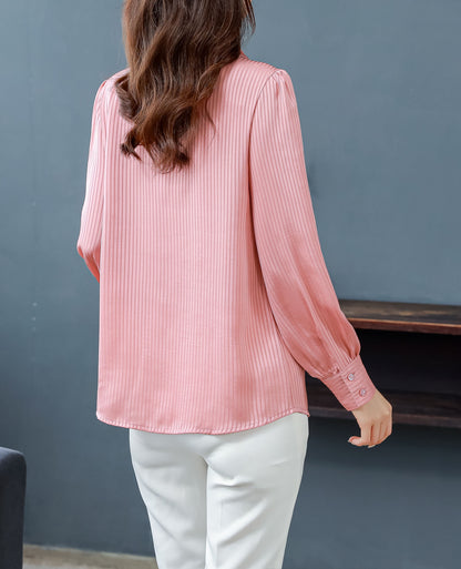 Pink Stripe Tops Collared Neck Long Sleeves Button Up Solid Blouse
