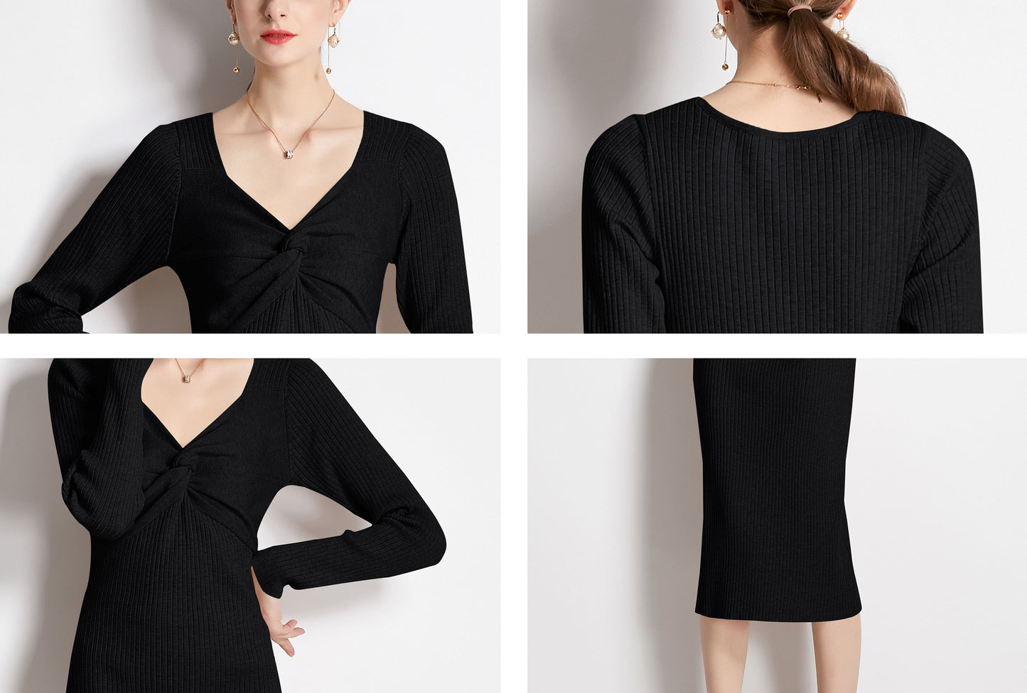 Black V-Neck Long Sleeve Solid Dress