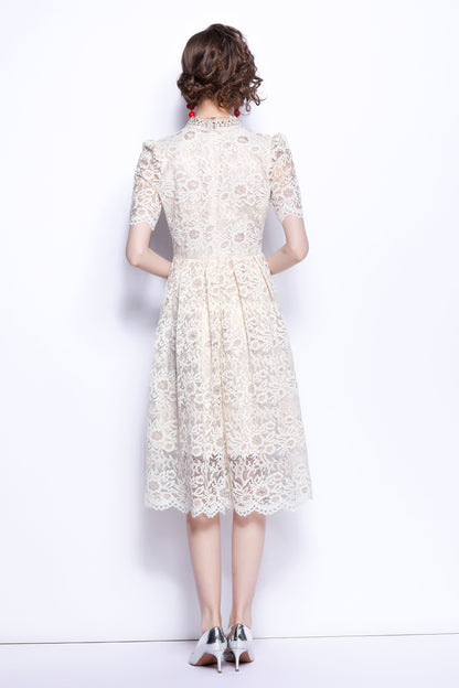 White Tunic Floral Lace Short sleeves Crew Neck Midi Dress