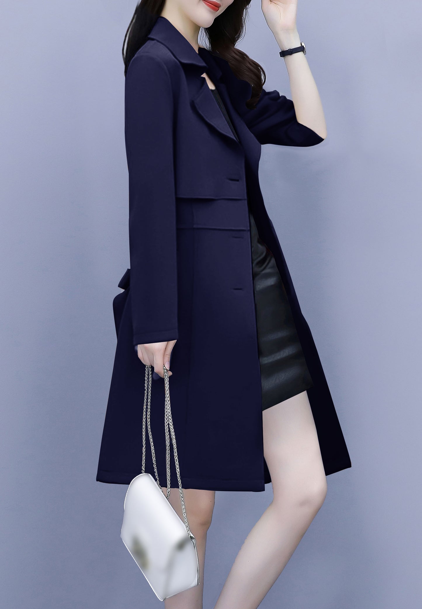 Navy Blue 3/4 Length Outerwear Trench Coat with Belt