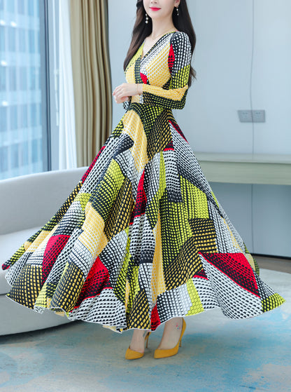 V-Neck Long Slevees Print Maxi Dress
