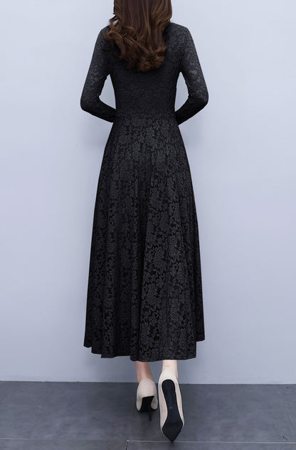 Black Collared Neck Long Sleeve Floral Lace Dress