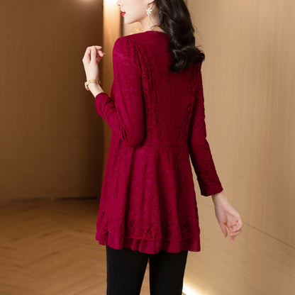 Long Sleeves Crew Neck Lace Solid Blouse