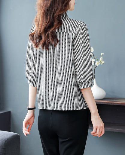 Black Stripe Tops Collared Neck Button Up Print Blouse