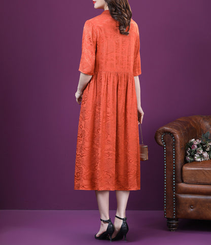 Orange Solid 1/2 Sleeves Collared Neck Midi Dress
