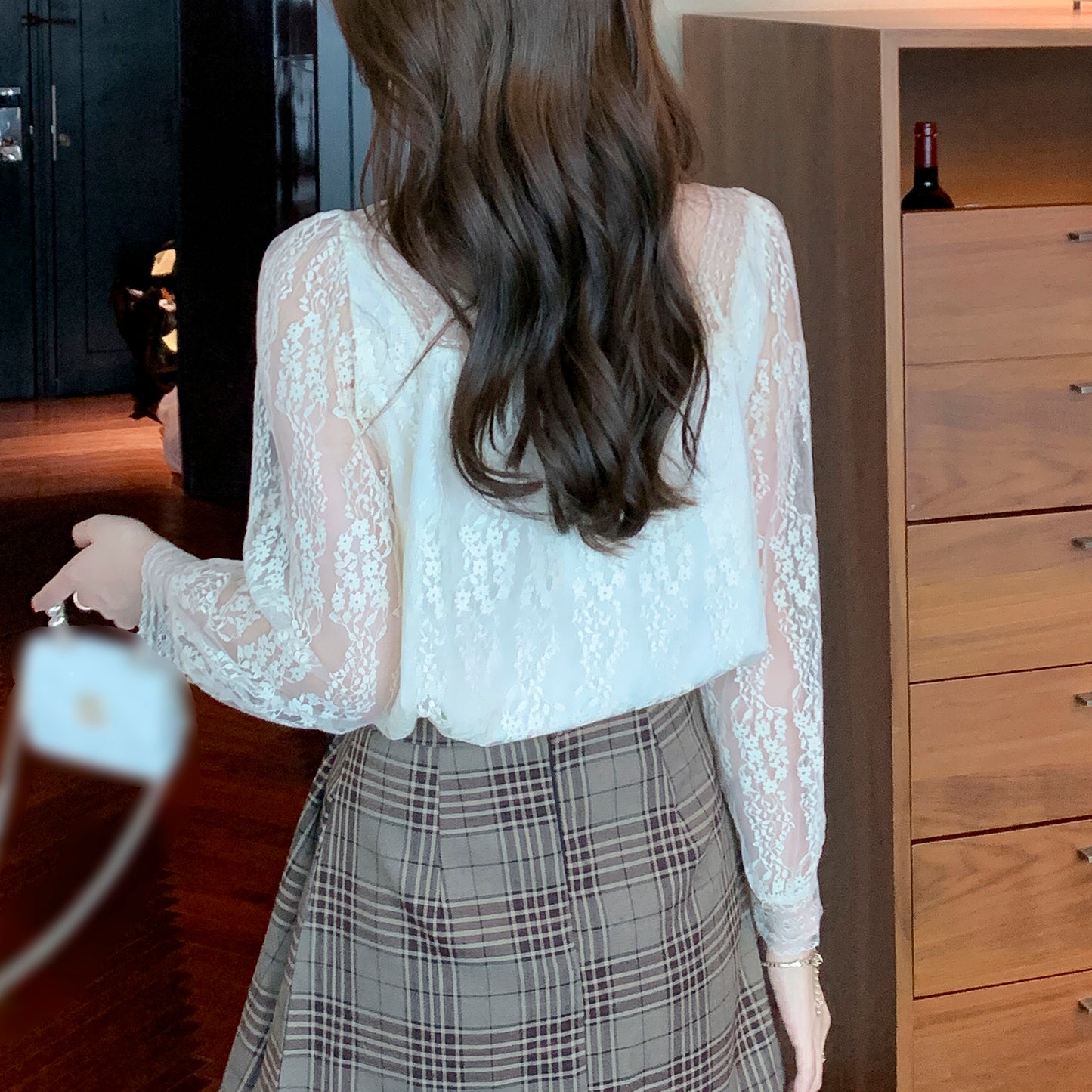 Square Neck Long Sleeve Lace Solid Blouse