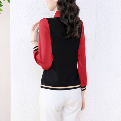 Red Patchwork Collared Neck Solid Long Sleeve Button up Blouse
