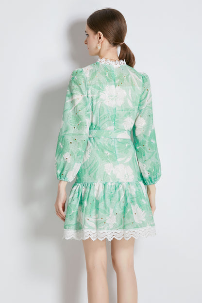 Green Floral print Long Puff Sleeve Mini Dress