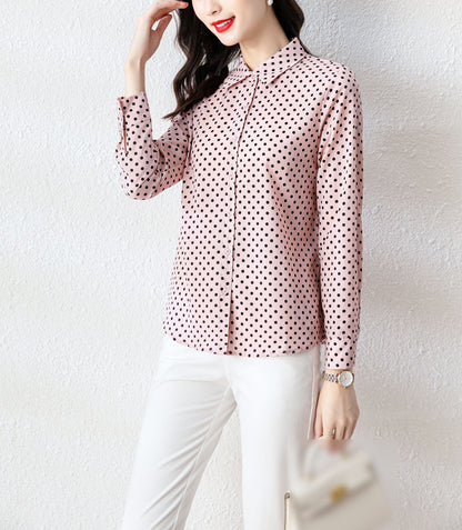 Pink Collared Neckline Spots Long Sleeves Blouse Top Shirt