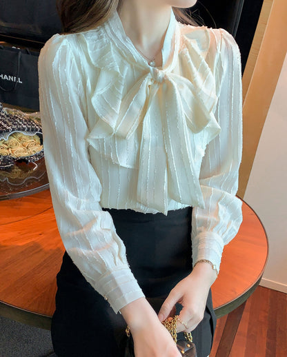 Tie Neck Ruffle Long Sleeve Solid Blouse