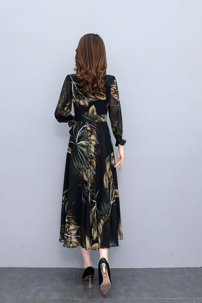 Black V-Neck Long Sleeves Floral Print Midi Dress