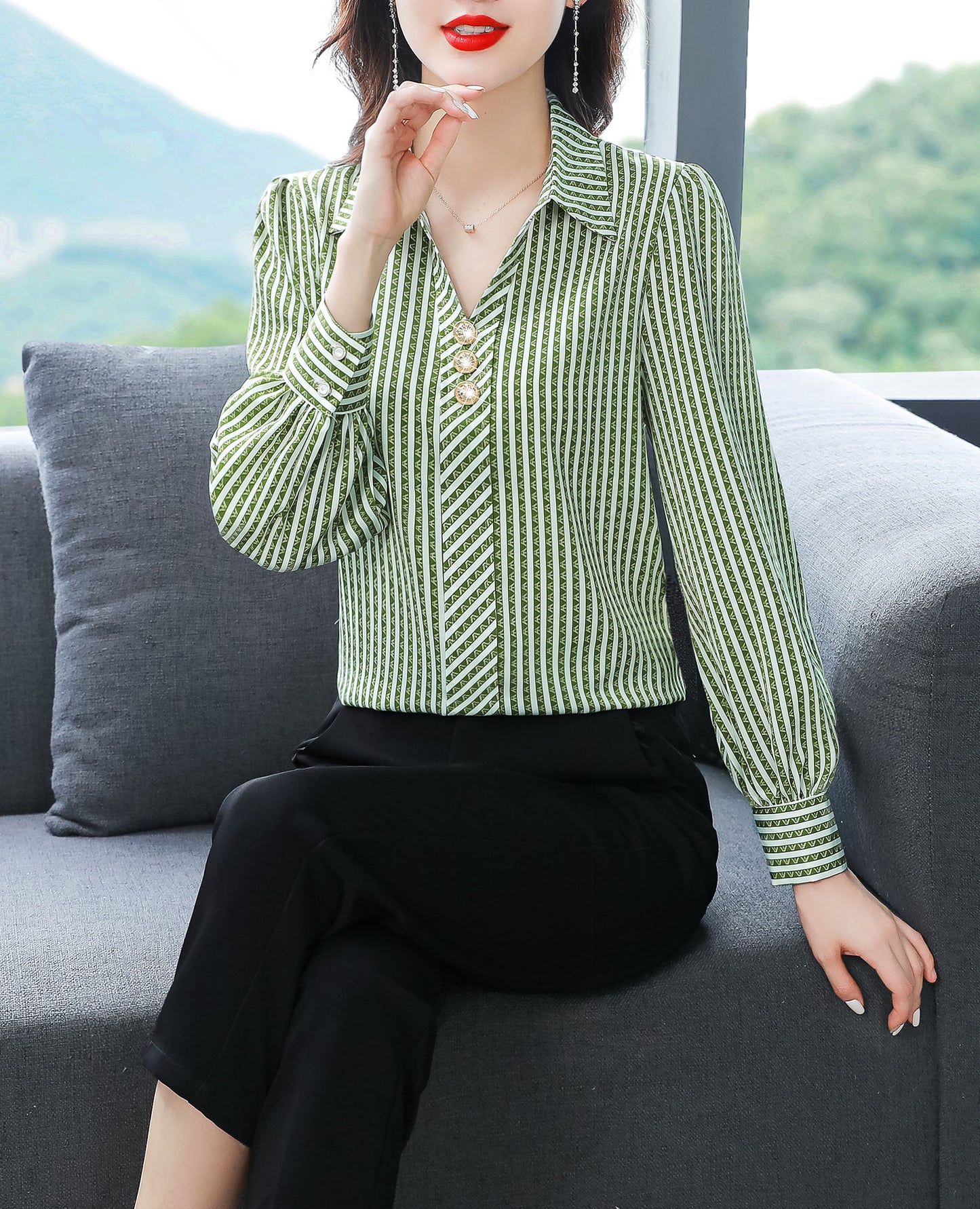 Stripe Tops Collared Neck Long Sleeves Print Blouse