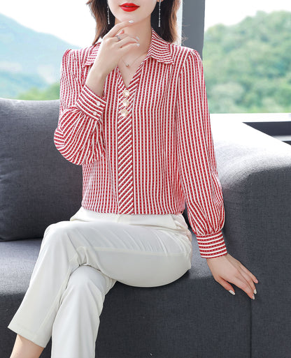 Red Stripe Tops Collared Neck Long Sleeves Print Blouse