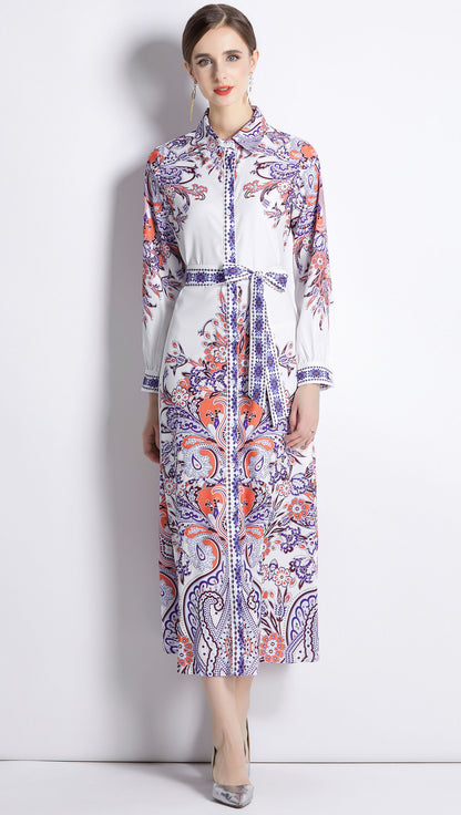 Long Sleeve Button up A-line Floral Print Midi Dress
