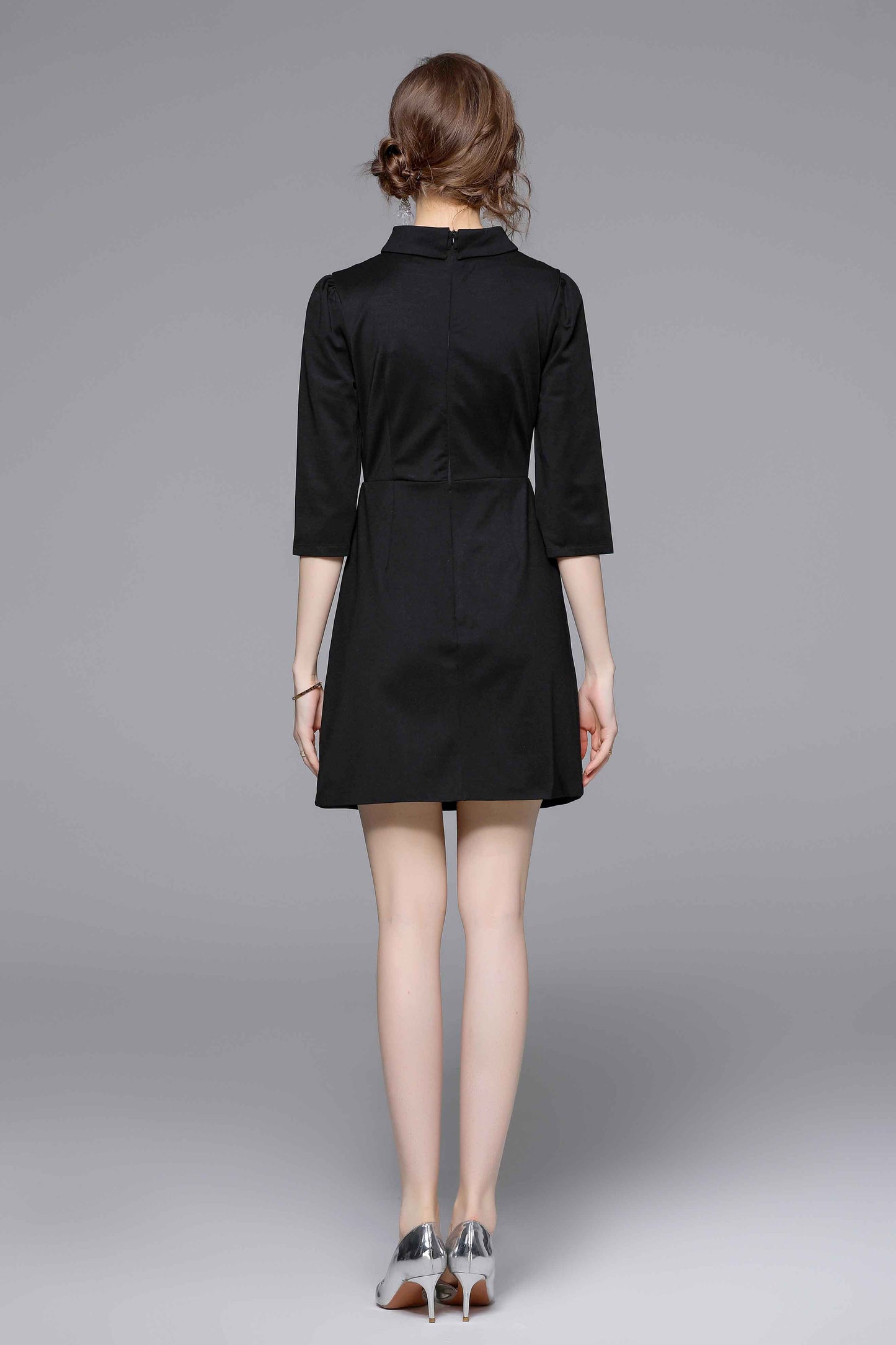 Black Collared Tie Neck 1/2 Sleeves Embroidery Mini Dress