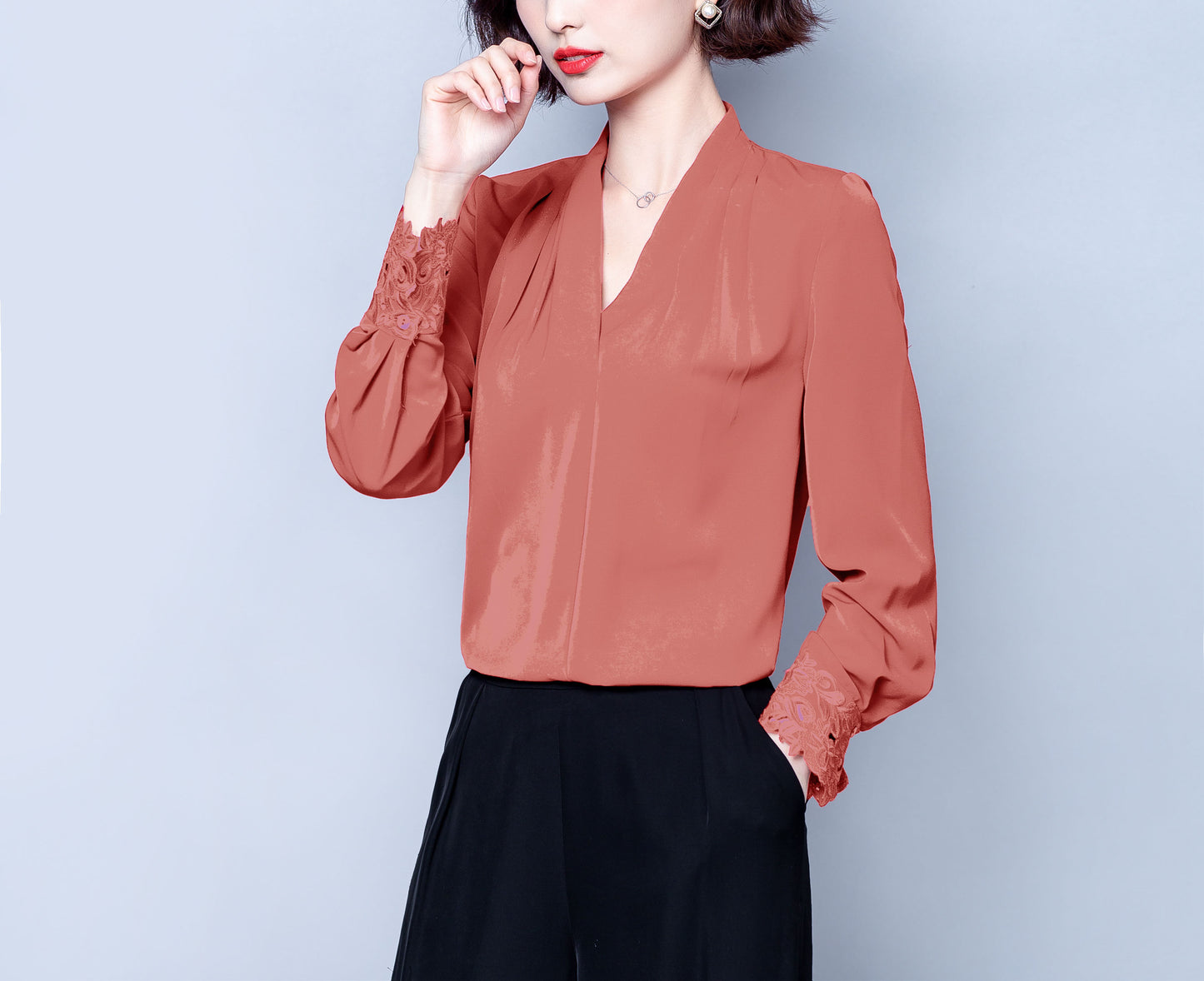 Pink Solid Embroidery V-neck Long Sleeves Stain Shirt Blouse