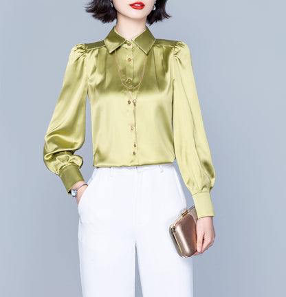 Satin Long Sleeve Lady Casual Silk Office Work Solid Blouse Green